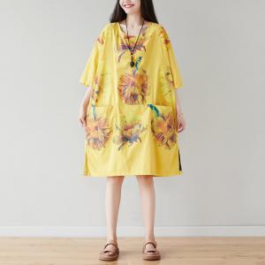 Big Flowers Yellow Knee Length Dress Oversized Casual T-shirt Dress