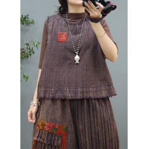 Chunky Linen Fringed Vest with Patchwork Pocket Baggy Pants