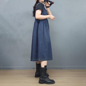 V-Neck Denim Empire Waist Dress Summer Jean Vest Dress