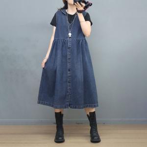 V-Neck Denim Empire Waist Dress Summer Jean Vest Dress