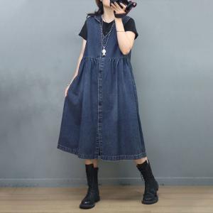 V-Neck Denim Empire Waist Dress Summer Jean Vest Dress