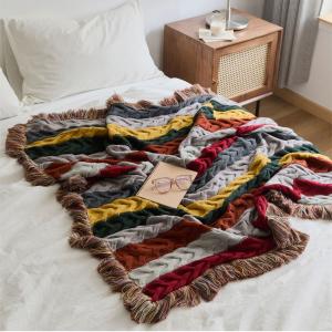 Sheep Wool Colorful Tassel Blanket Chunky Knit Winter Throw