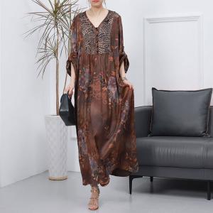 Leopard and Flowers Elegant Dress Loose Silk Senior Women Dress