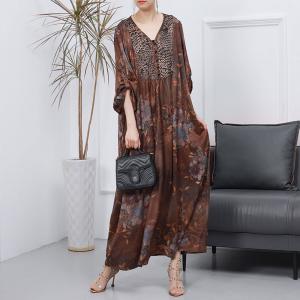 Leopard and Flowers Elegant Dress Loose Silk Senior Women Dress