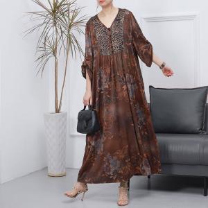 Leopard and Flowers Elegant Dress Loose Silk Senior Women Dress