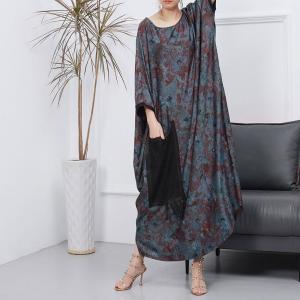 Tassel Pocket Printed Blue Caftan Plus Size Modest Abaya