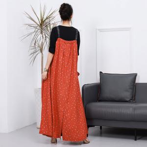 Summer Maxi Dotted Overall Dress Cotton Linen Orange Beachwear