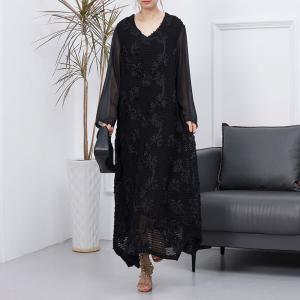 V-Neck Applique Black Dress Elegant Sheer Dress