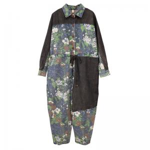 Tie Waist Floral Jumpsuits Button Down Long Sleeves Coveralls