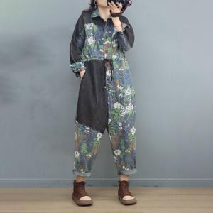 Tie Waist Floral Jumpsuits Button Down Long Sleeves Coveralls