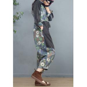 Tie Waist Floral Jumpsuits Button Down Long Sleeves Coveralls