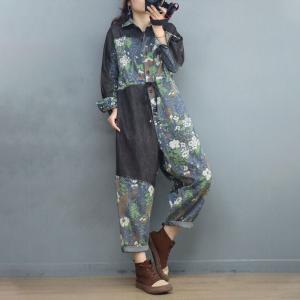 Tie Waist Floral Jumpsuits Button Down Long Sleeves Coveralls