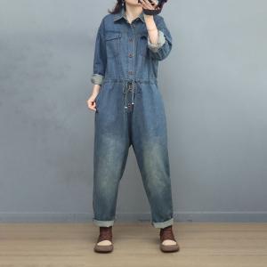 Chest Pocket Long Sleeves Tied Jumpsuits Denim Working Coveralls