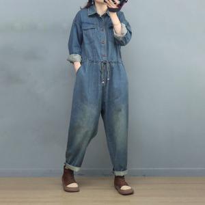 Chest Pocket Long Sleeves Tied Jumpsuits Denim Working Coveralls