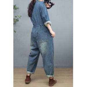 Chest Pocket Long Sleeves Tied Jumpsuits Denim Working Coveralls