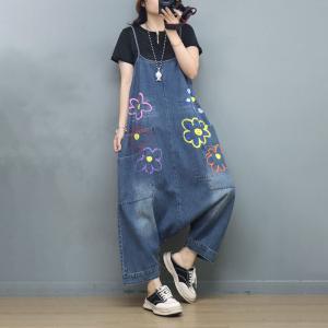 Low Crotch Flower Painted Overalls Stone Wash Slip Overalls
