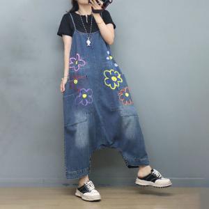 Low Crotch Flower Painted Overalls Stone Wash Slip Overalls