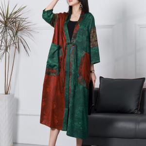 Pankou Front Tied Kimono Silky Printed Chinese Wrap Cardigan