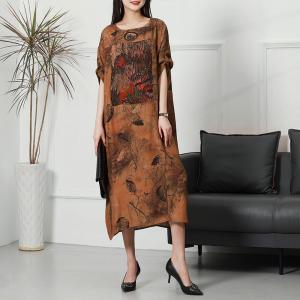 Falling Leaf Patterns Mulberry Silk Dress Midi Loose Elegant Dress