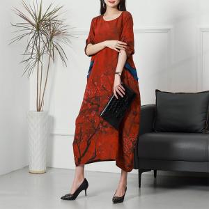 Plum Blossom Silk Caftan Dress Senior Women Cocoon Dress