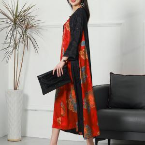 Red Contrast Printed Qipao Dress Pankou Silk Modern Cheongsam