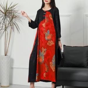 Red Contrast Printed Qipao Dress Pankou Silk Modern Cheongsam