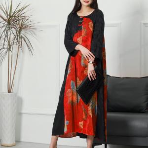 Red Contrast Printed Qipao Dress Pankou Silk Modern Cheongsam