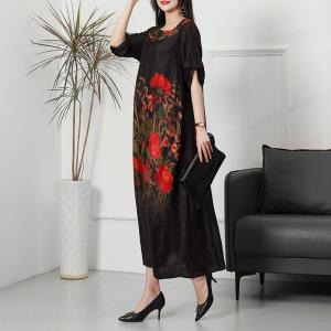 Red Flowers Silk Concert Dress Loose Elegant Black Dress