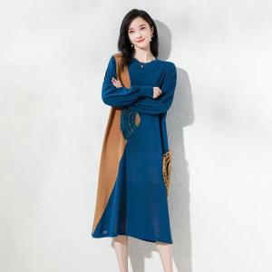 Crochet Lace Applique Knit Dress Linen Blend Mid-Calf Dress