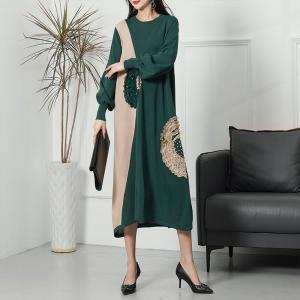 Crochet Lace Applique Knit Dress Linen Blend Mid-Calf Dress