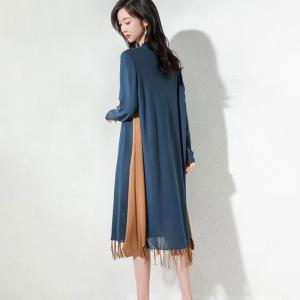 Contrast Color Midi Tassel Dress Long Sleeves Spring Knitwear