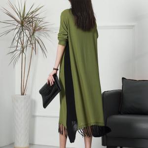 Contrast Color Midi Tassel Dress Long Sleeves Spring Knitwear