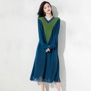 V-Neck Knitting Fringed Dress Contrast Colored Tassel Dress