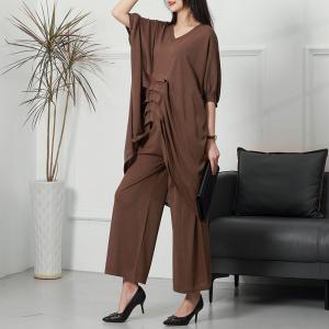 Pleated Flouncing Knit Tunic with Plain Flare Pant Sets