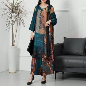 Landscape Painting Silk Tunic Dress with Comfy Wide Leg Pants