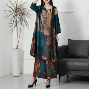 Landscape Painting Silk Tunic Dress with Comfy Wide Leg Pants