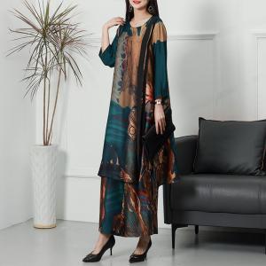 Landscape Painting Silk Tunic Dress with Comfy Wide Leg Pants