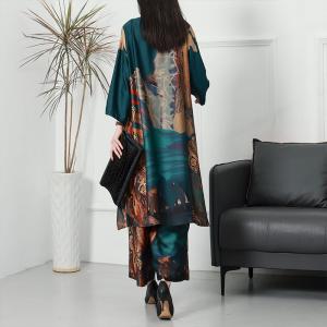 Landscape Painting Silk Tunic Dress with Comfy Wide Leg Pants