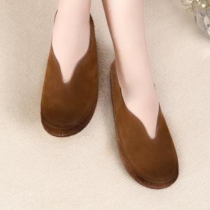 Round Toe Leather Slip-On Flats Comfy Low Top Granny Shoes