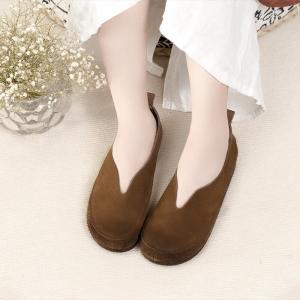 Round Toe Leather Slip-On Flats Comfy Low Top Granny Shoes