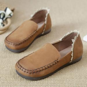 Lace Splicing Casual Leather Flats Round Toe Mom Flats