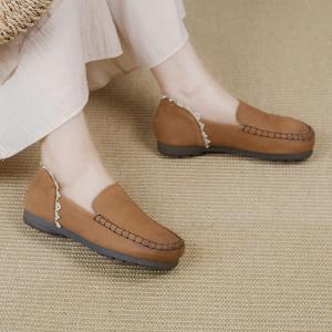 Lace Splicing Casual Leather Flats Round Toe Mom Flats