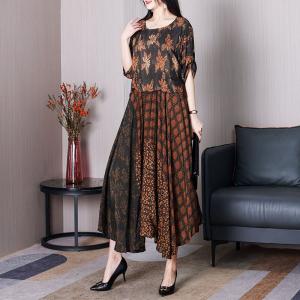 Maple Leaf Printed Maxi Dress Loose Silk 50s Swing Dress