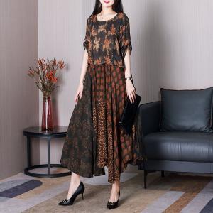 Maple Leaf Printed Maxi Dress Loose Silk 50s Swing Dress