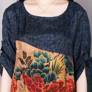 Chinese Peony Dark Blue Dress Silky Tropical Clothing