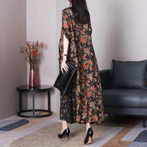 Elegant Red Flowers Flouncing Dress Plus Size Modest Dress