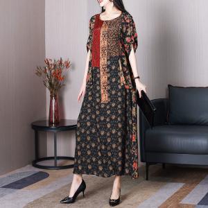 Elegant Red Flowers Flouncing Dress Plus Size Modest Dress