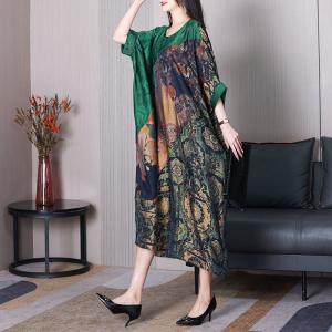 Bat Sleeves Printed Green Plump Dress Vintage Plus Size Caftan