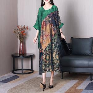 Bat Sleeves Printed Green Plump Dress Vintage Plus Size Caftan