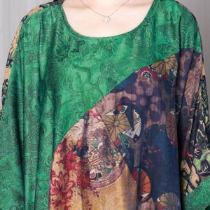 Bat Sleeves Printed Green Plump Dress Vintage Plus Size Caftan